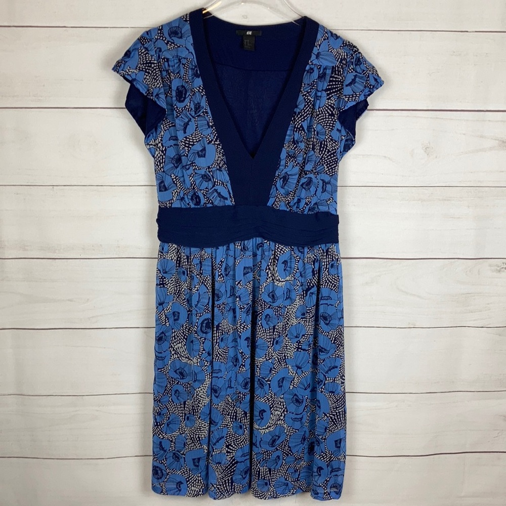 H&M Floral Chiffon Flutter Sleeve Dress Blue 10